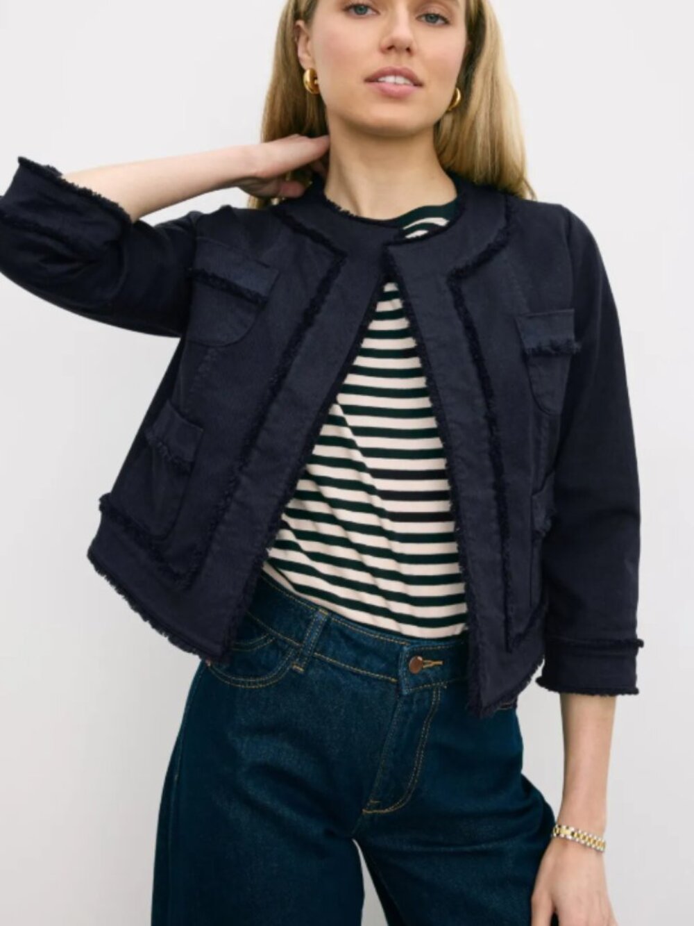 Ann Mashburn Kiki Jacket- S- Navy Blue Frayed Edge Cotton Utllity MSRP $350